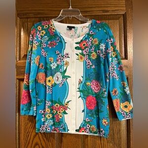Talbots 3/4 Sleeve Teal Floral Sweater w/ White Inlay Pattern  -Size M